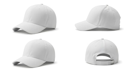 White Baseball Cap Mockup Set, Front, Side and Back View, Isolated on White Background