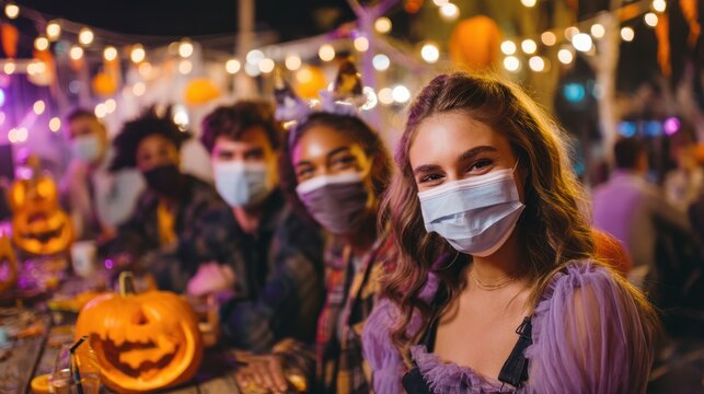 Halloween party with guests wearing costumes and face masks