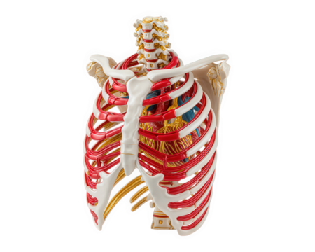Anatomical model of human ribcage showcasing detailed structure, including ribs, vertebrae, and internal organs. This educational tool is ideal for anatomy studies and medical training