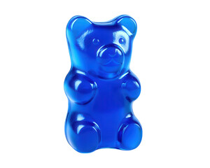 Vibrant blue gummy bear, realistic and glossy, stands out against transparent background, showcasing its playful and fun design. This delightful candy figure is perfect for sweet treats