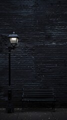 A solitary bench beneath an old-fashioned lamp casts a quiet, moody aura against a dark brick wa