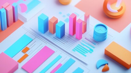 Income statement, layered graph data over clean background, 3D illustration.