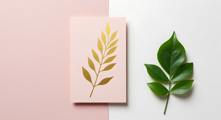 Minimalist arrangement with gold foil leaf design on pink card and real green leaves