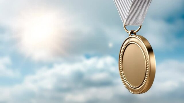Gold medal on a white ribbon swings against a bright blue sky with fluffy clouds. Symbol of victory, achievement and reward, ideal for motivational, sports and competition themes.