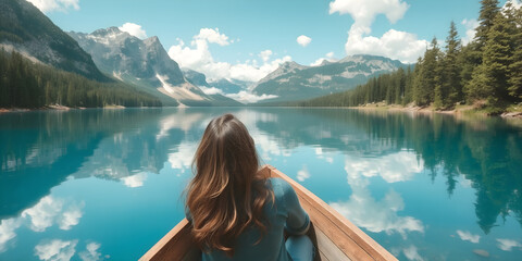 A woman relaxes in a wooden boat, gazing at stunning mountain scenery and clear blue water. 