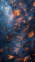 Golden autumn leaves gracefully drift through a mystical, glowing atmosphere with warm, fiery hues contrasting against a cool, blue-toned background.  