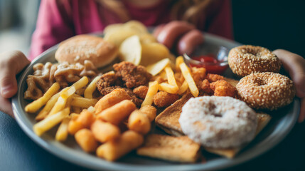 Fototapeta premium A close-up of a child's plate filled with unhealthy foods and excessive portion