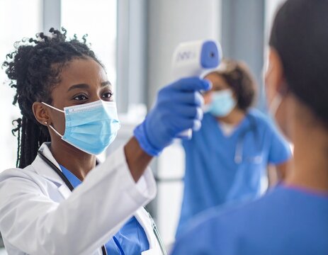 Doctor using infrared thermometer on patient