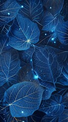 Delicately veined blue leaves shimmer with a magical glow, creating an enchanting, ethereal atmosphere.  