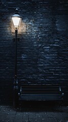 A solitary bench beneath an old-fashioned lamp casts a quiet, moody aura against a dark brick wa