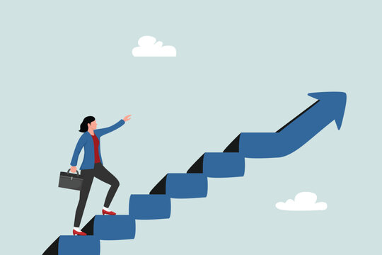 Career success for women or women leadership, achieving goals and business challenges. Confident businesswoman taking small steps up the ladder with arrow pointing up.