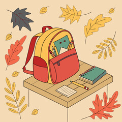 A colorful backpack filled with school supplies, placed on a wooden desk with autumn leaves around it