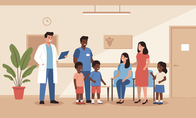 Flat design illustration of different families and children interacting with doctors and nurses in a clinic or hospital waiting room, suitable for children's health brochures, educational materials