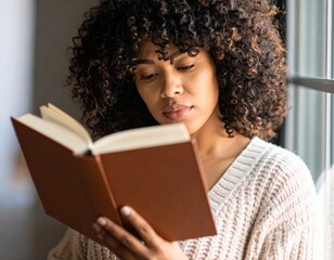 Woman with curly hair reading a book by window