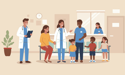 Flat design illustration of different families and children interacting with doctors and nurses in a clinic or hospital waiting room, suitable for children's health brochures, educational materials