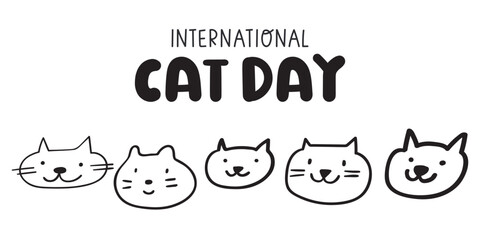 Banner. International cat day. Cute cat faces. Vector outline design. Illustration on white background.