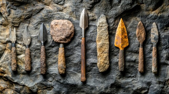 Collection of ancient stone tools and spearheads arranged on dark rock background.