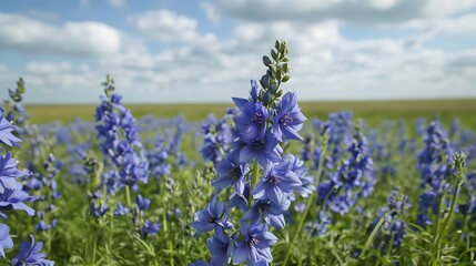 Obraz premium Vibrant blue wildflowers blanket a field under a partly cloudy sky.