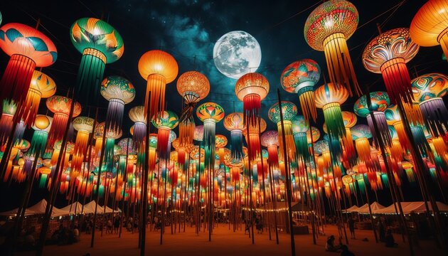 Colorful Festival, Night Sky Art, Bamboo Scene