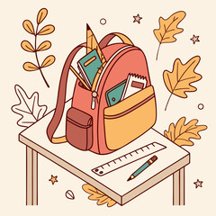 A colorful backpack filled with school supplies, placed on a wooden desk 