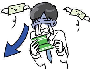 残高の少ない通帳を見て号泣するサラリーマンのベクターイラスト