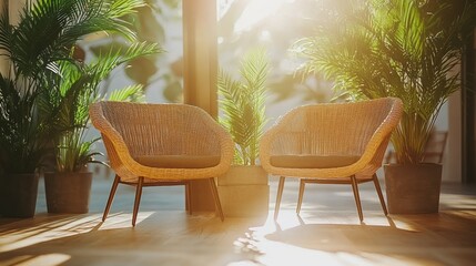 Obraz premium Two wicker chairs in a sunlit patio