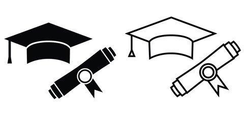 Graduation cap and diploma icons in black and white, representing academic achievement and completion