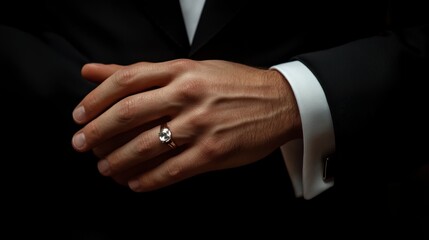 Obraz premium Close-up of a man's hand wearing a diamond ring, dressed in a tuxedo.