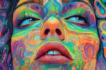 Psychedelic close-up of a woman’s colorful face with vivid swirls, glossy lips, and dreamy eyes.