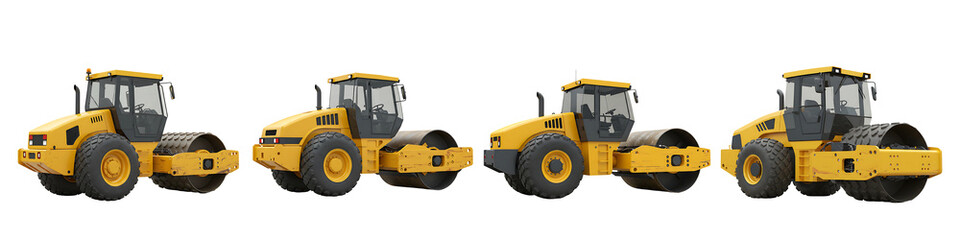 Fototapeta premium Yellow Road Roller Compactor Machine Transparent Background