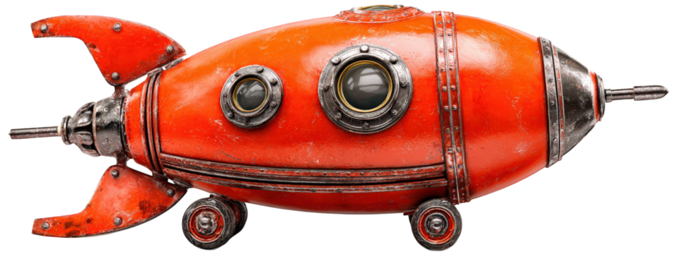 Vibrant red rocket ship with retro design, featuring round windows and metallic accents, is isolated transparency background. This playful and imaginative object evokes sense of adventure - Powered by Adobe