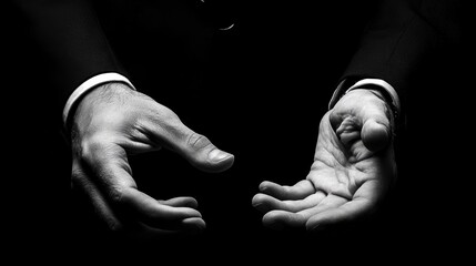 Close-up of man's hands in suit, palms up, dark background.