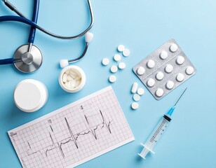 Medical supplies healthcare treatment pills stethoscope ekg