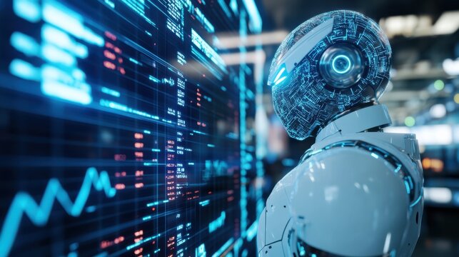 AI Analyst: A futuristic robot stands before a large digital display analyzing complex data streams, showcasing advanced artificial intelligence and technological innovation.