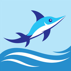 Obraz premium Dynamic illustration of a playful blue dolphin leaping from clear ocean waves, symbolizing freedom and aquatic grace and movement