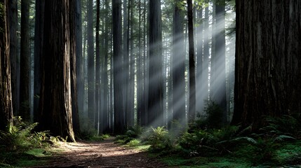 Majestic nature landscape of coastal redwood forest towering ancient tree beam of light illuminating forest floor captured ground level forest path view foggy custom background cut out isolated