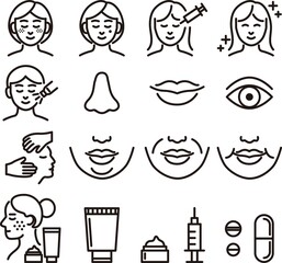 アイコン　美容医療　美容整形　人物　女性　美肌　メディカル　ビューティー　線画　イラスト素材