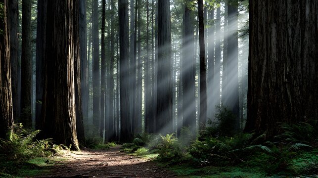 Majestic nature landscape of coastal redwood forest towering ancient tree beam of light illuminating forest floor captured ground level forest path view foggy custom background cut out isolated