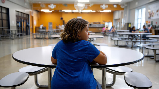 A child sitting alone in a school cafeteria, with others surrounding them, visibly over - Powered by Adobe