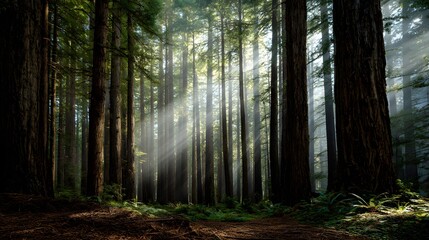 Majestic nature landscape of coastal redwood forest towering ancient tree beam of light illuminating forest floor captured ground level forest path view foggy custom background cut out isolated