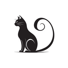 Minimalist Black and White Silhouette of a Sitting Cat with Curled Tail