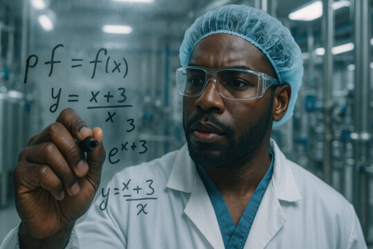 Focused scientist writing equations on transparent board in laboratory environment