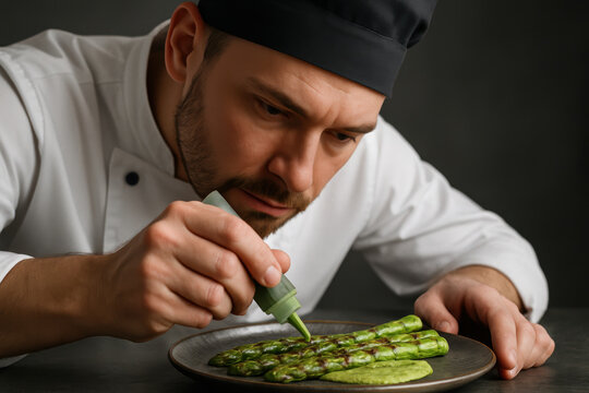Focused chef garnishing grilled asparagus with sauce in professional kitchen