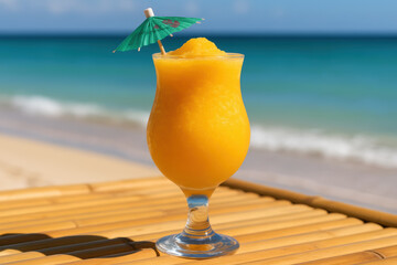 Refreshing tropical mango slush drink with umbrella on bamboo table, beach and turquoise sea background on sunny summer day