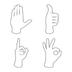 Different hand gestures, human arm, palm. Line vector illustration. Symbol, sign, icon.