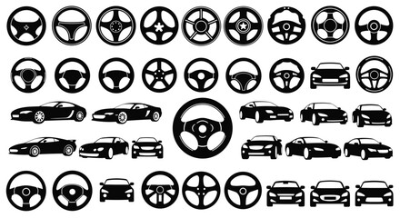 Variety of Car Steering Wheels and Car Silhouettes Vector Illustration Concept