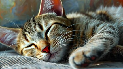 Ginger kitten peacefully sleeping on a cozy bed with soft blankets in a warm and inviting room during the afternoon light - Powered by Adobe