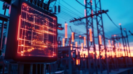 Electric Substation at Dusk: A high-voltage electric substation glows at dusk, with energy lines and transformers silhouetted against a vibrant sky.