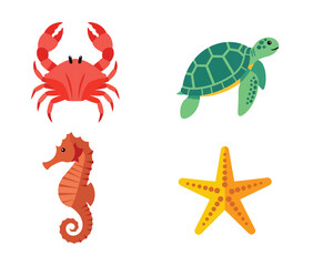 Flat Design Sea Creature Collection Illustration with Crab Turtle Seahorse and Starfish