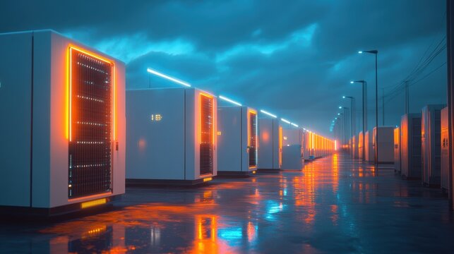 Neon Server Row: Futuristic server room with glowing neon lights reflecting on wet floor at night.  